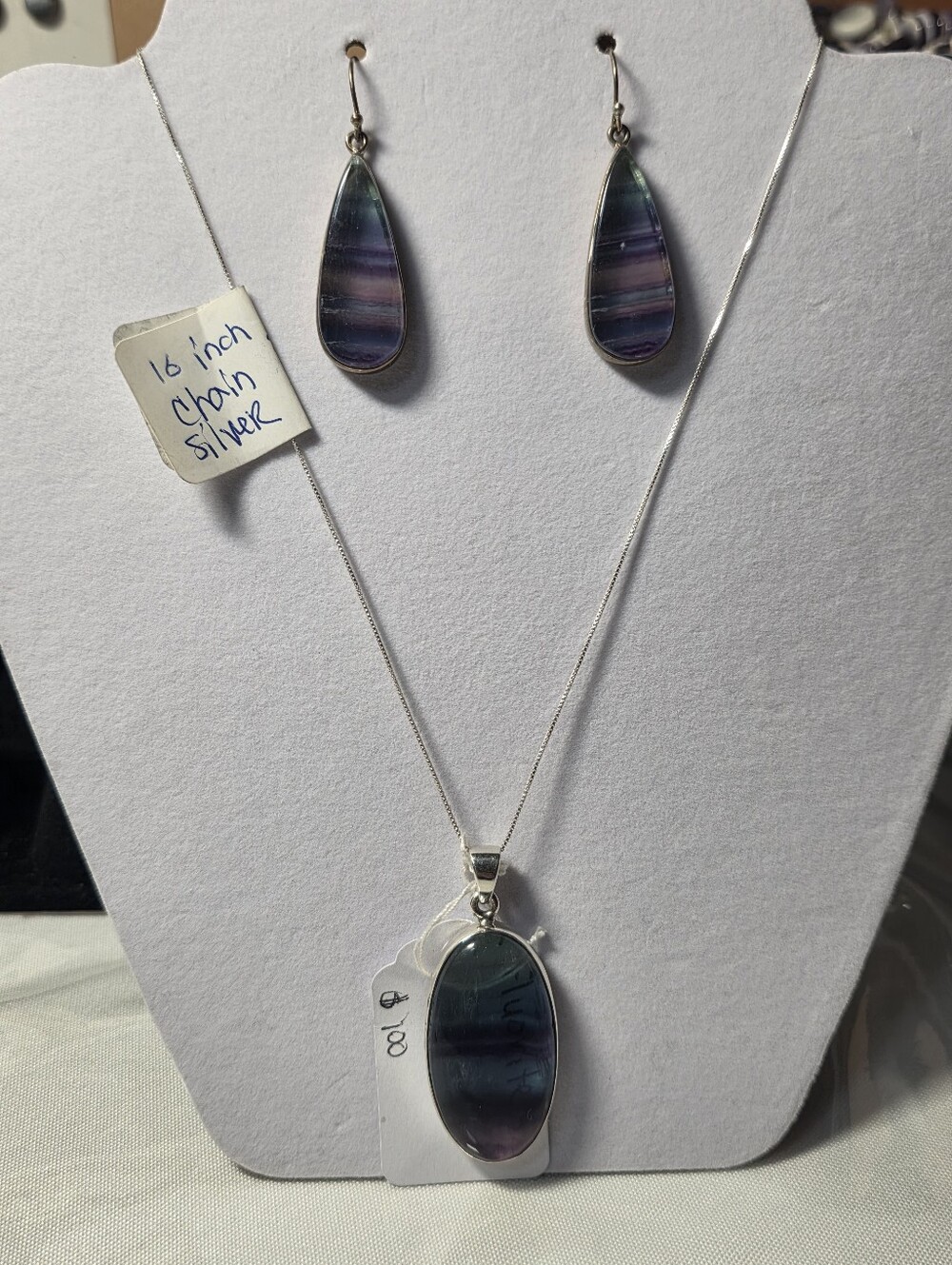 Silver Teardrop & Oval Fluorite Jewelry Set - Purple Green